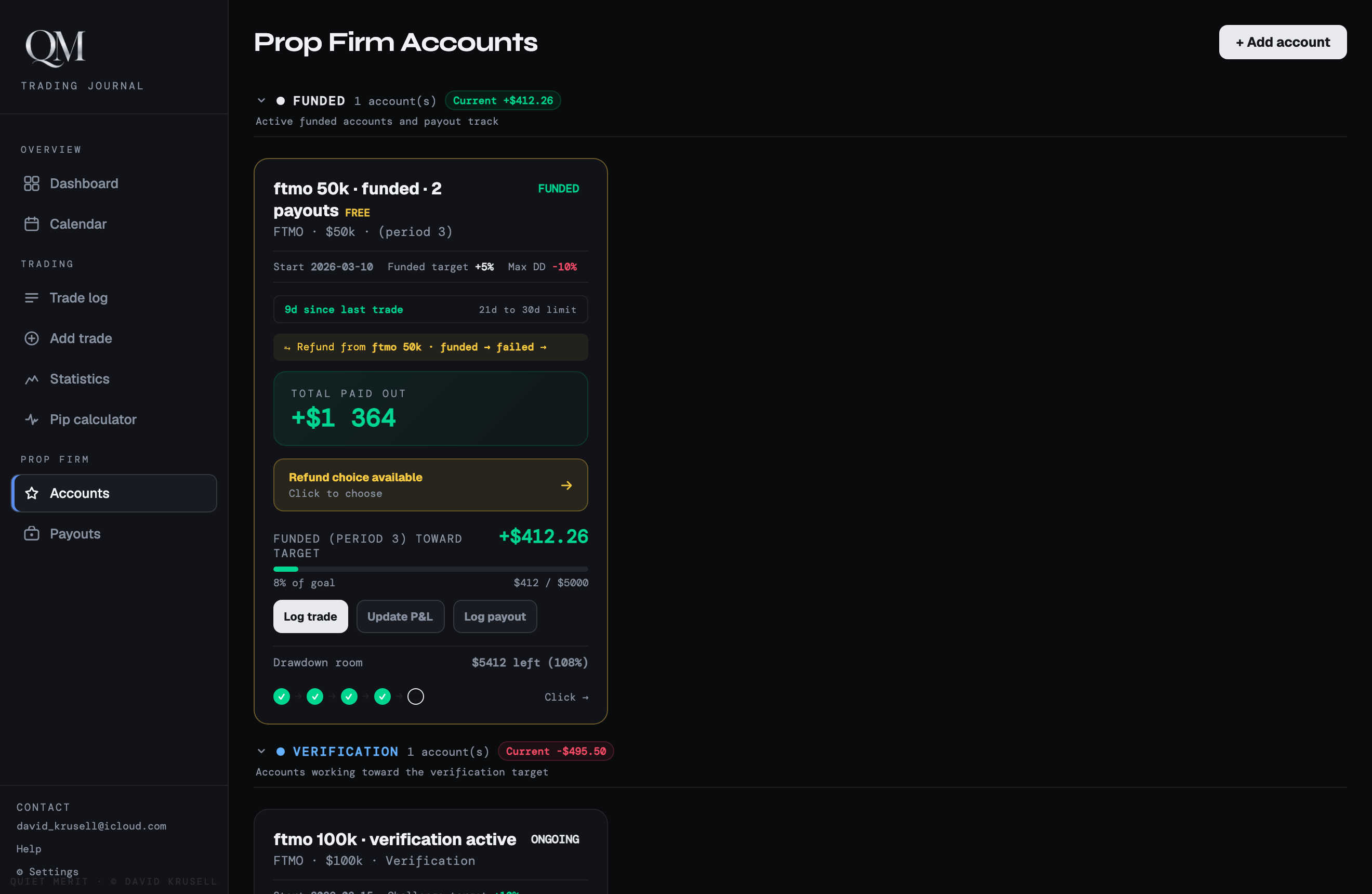 Quiet Merit prop account journey tracking in English