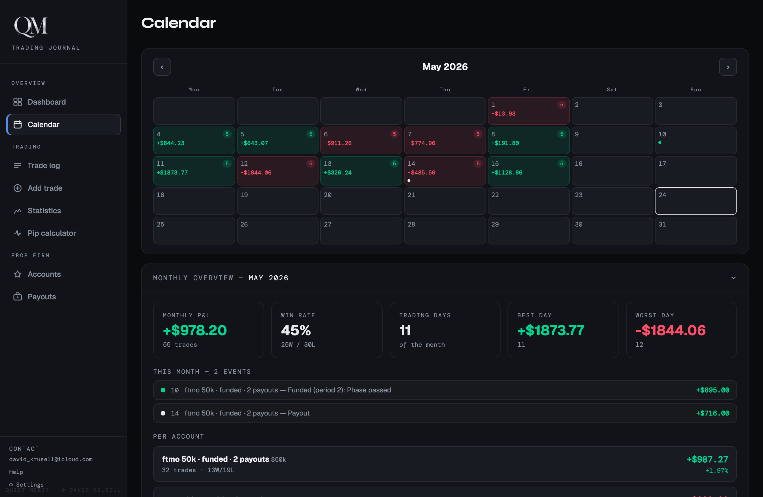 Quiet Merit calendar view in English